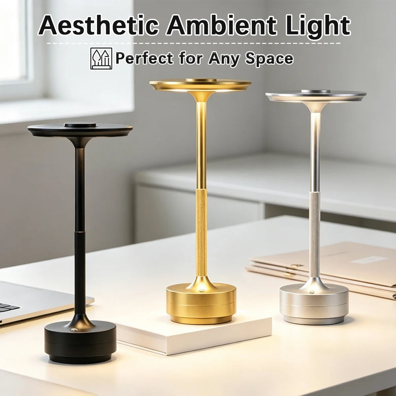 Art Deco cordless disc table lamps in black, gold and silver, rechargeable touch lamps