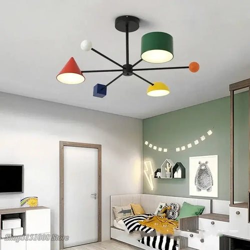Magnificent Mid-Century Modern Colourful Ceiling Lamp in a stylish living room with vibrant geometric shapes.