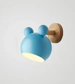 Mouse-shaped Wall Lamps in playful blue design with wooden mount for fun and eco-friendly lighting.