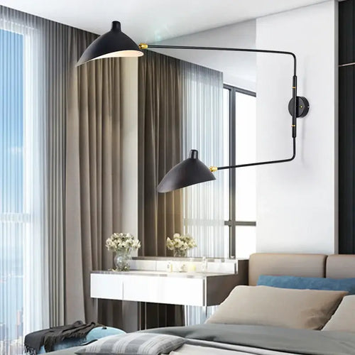 Swing Arm Nordic Loft Wall Lamp elegantly displayed in a stylish bedroom with modern decor.