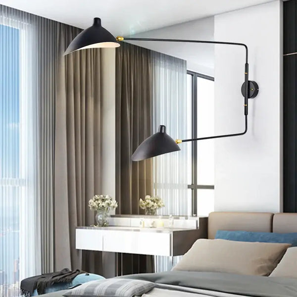 Swing Arm Nordic Loft Wall Lamp elegantly displayed in a stylish bedroom with modern decor.
