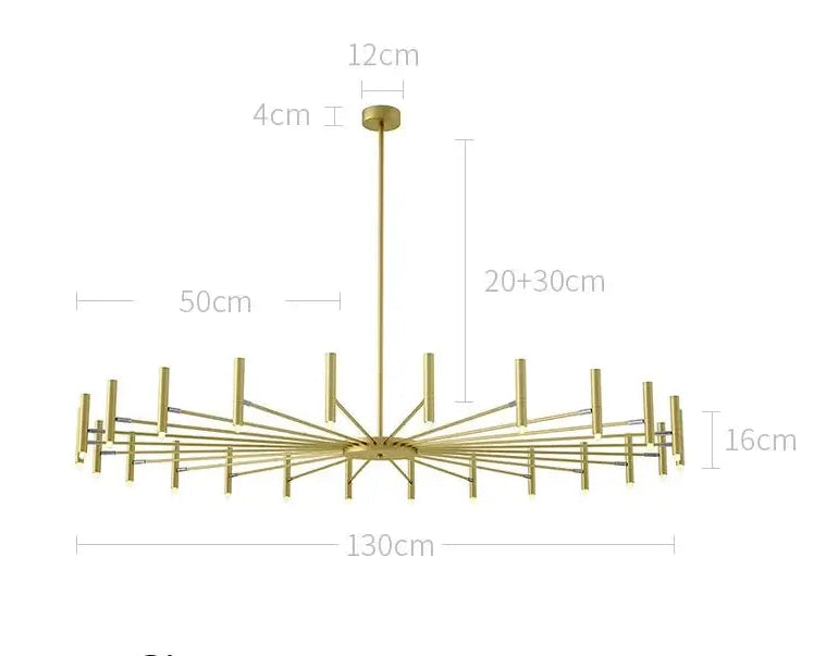 Modern Starburst LED Chandelier – 24-Light Sculptural Ceiling Statement with size and power specifications.