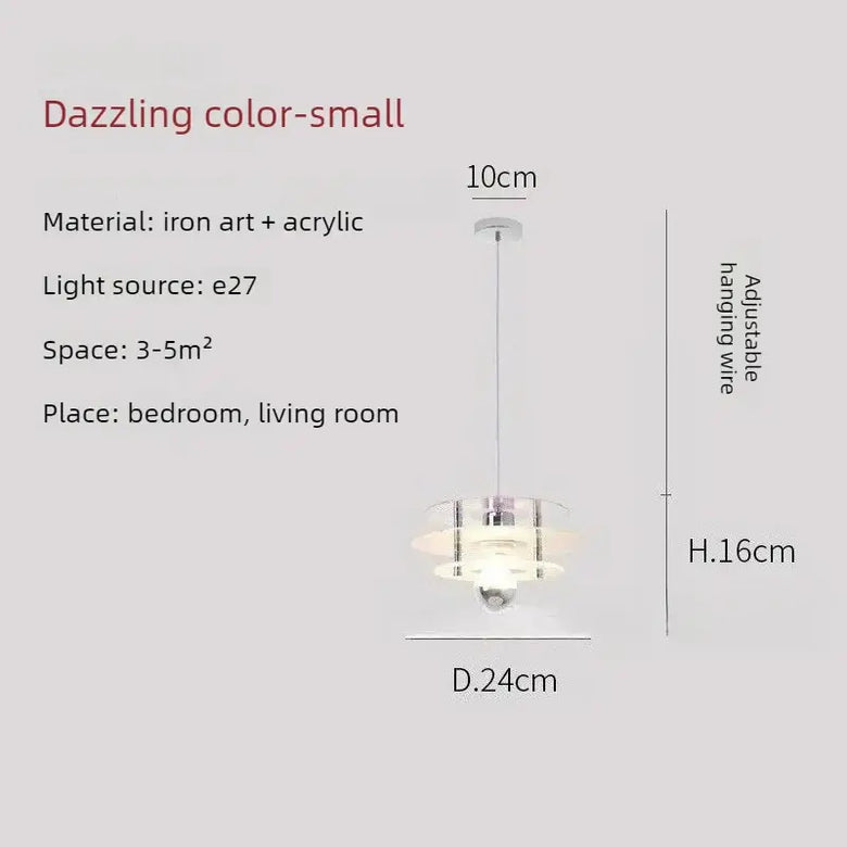 Space Age Acrylic Colorful Pendant Light dimensions and details, showcasing adjustable hanging wire and vibrant design.