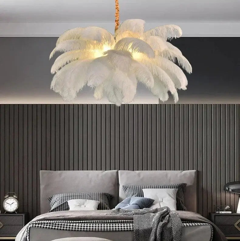 Nordic Feather Pendant Light – Art-Inspired Modern Ceiling Chandelier illuminating a stylish bedroom interior.