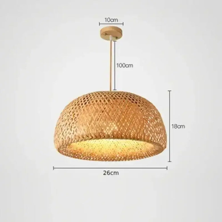 Chic Mid-Century Rattan Chandeliers with woven design, dimensions 26cm diameter and 18cm height, illuminating soft light.