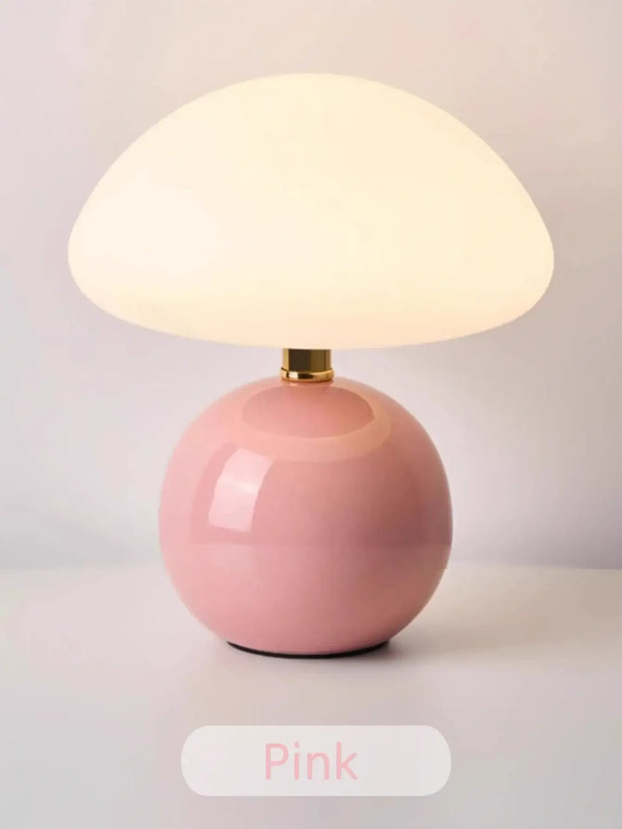 Mushroom LED USB Table Lamp in Pink – Soft Glow Bedside Lighting with a round pink base and white shade.