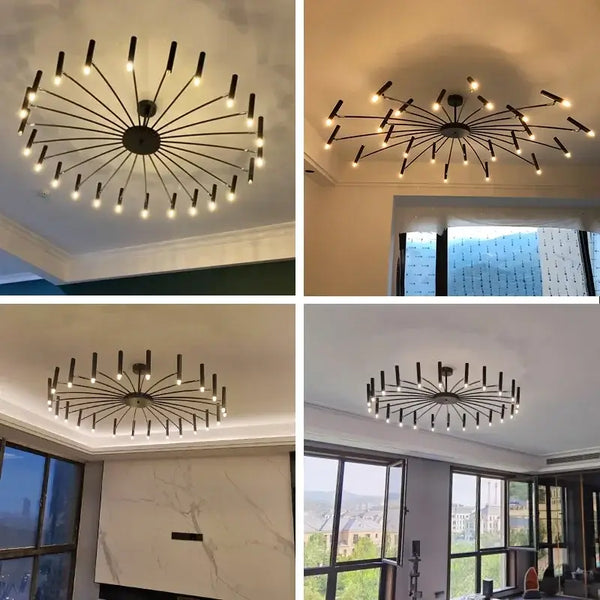Modern Starburst LED Chandelier – 24-Light Sculptural Ceiling Statement in various interior settings.