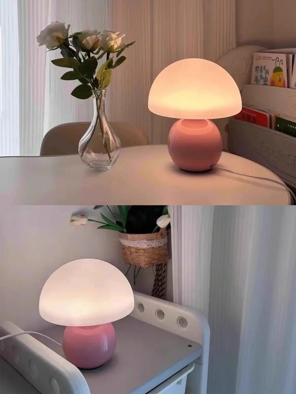 Mushroom LED USB Table Lamp in Pink – Soft Glow Bedside Lighting illuminating a cozy corner with a calming glow.