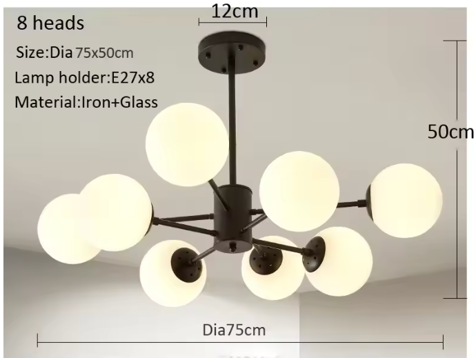Dimensions of the 8-light mid-century modern pendant light: 75cm wide, 50cm high