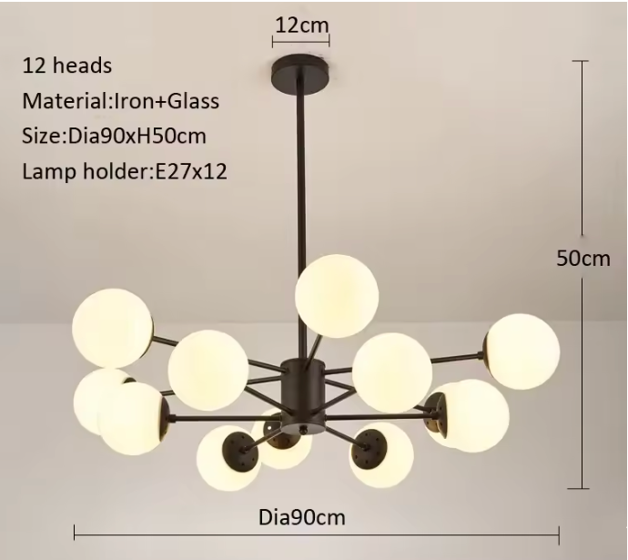 Dimensions of the 12-light mid-century modern pendant light: 90cm wide, 50cm high
