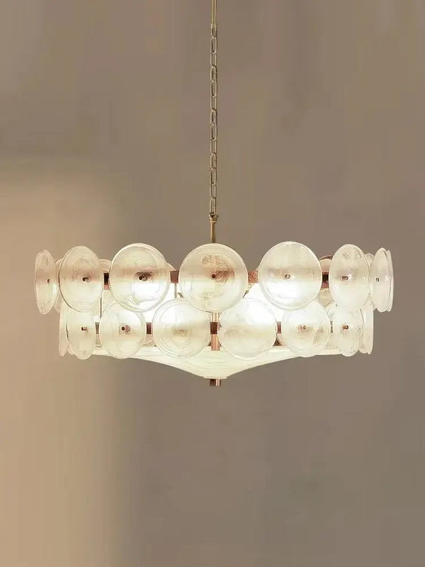 Luxurious Glass Disc Chandelier – 50s Chic featuring postmodern design with amber glass discs and adjustable chain.