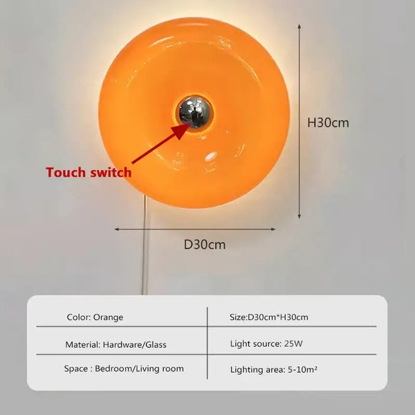 Glass Donut Wall Lamp in orange with touch switch, 30cm size, ideal for bedroom or living room.