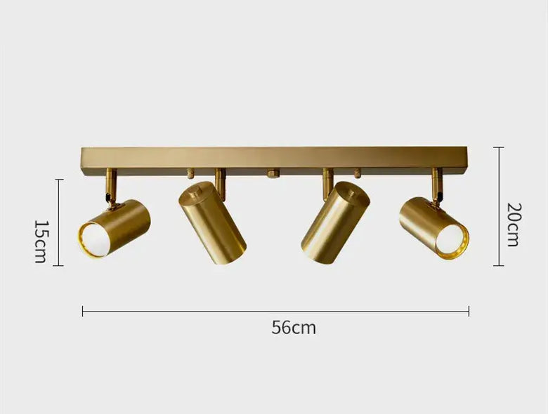 Gold Nordic Minimalist LED Spotlight Ceiling Light with 4 heads, dimensions: 56cm x 20cm x 15cm, polished finish.