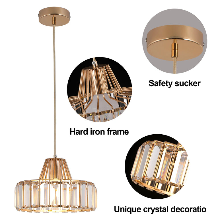 Gold pendant light with close-up details on a white background