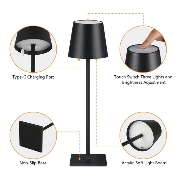 LED Rechargeable Modern Touch Desk Lamp with features: Type-C charging port, touch switch, non-slip base, acrylic light board.