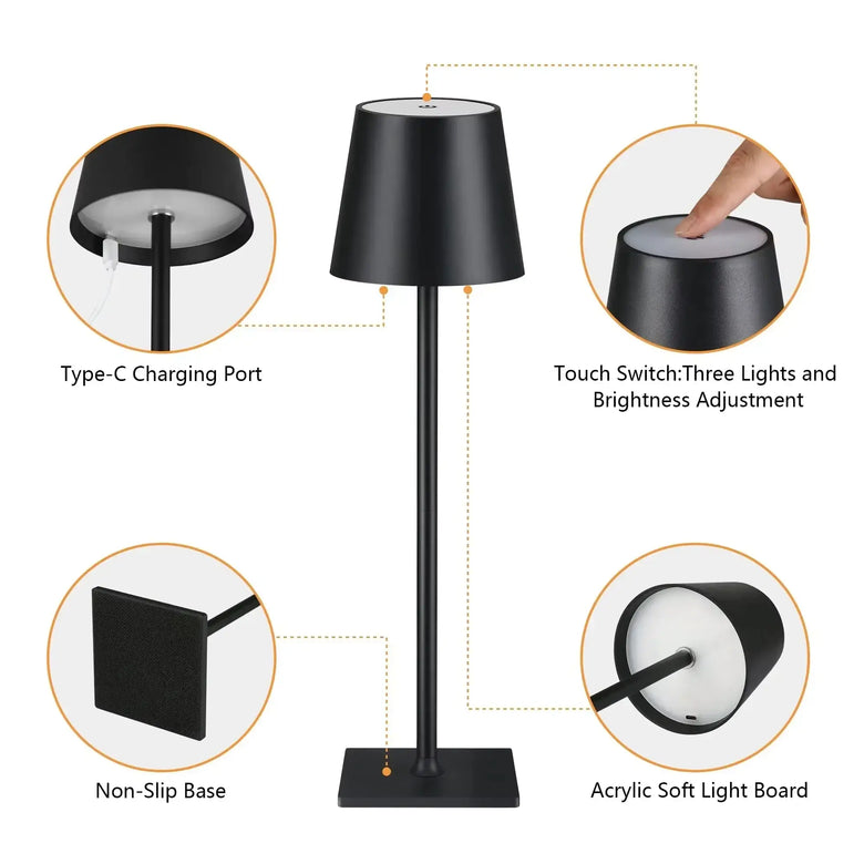 LED Rechargeable Modern Touch Desk Lamp with features: Type-C charging port, touch switch, non-slip base, acrylic light board.