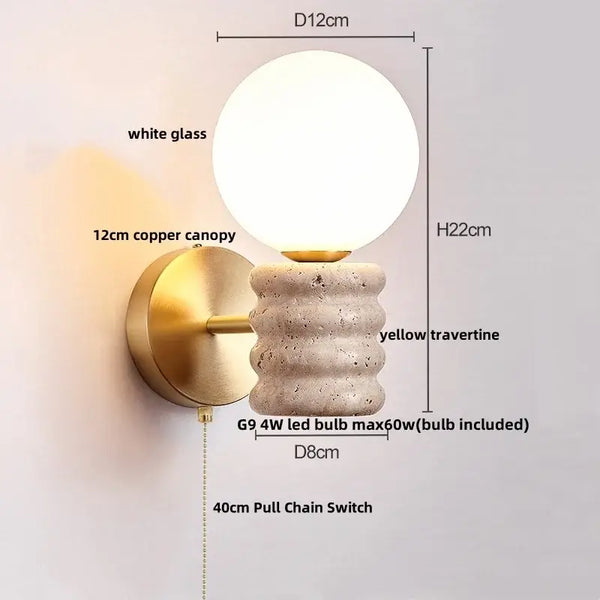 Modern Travertine and Wood Wall Light with Pull Chain – Nordic Style LED Fixture, featuring yellow travertine and a pull chain switch.