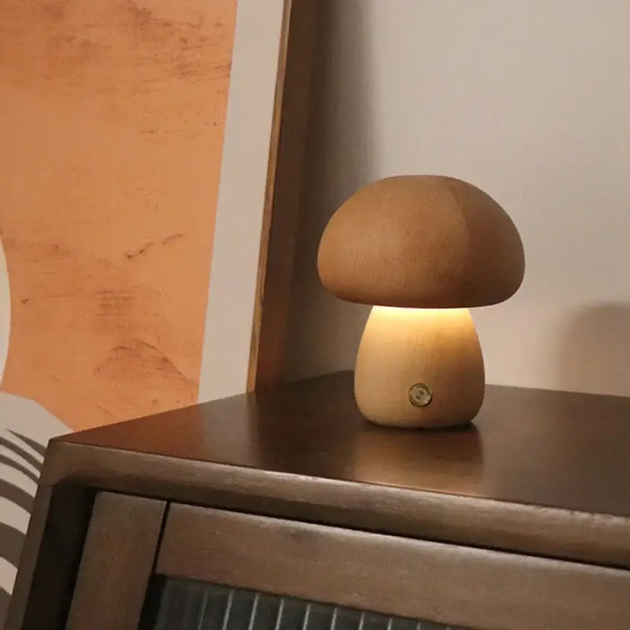 Portable Dimmable 60s Italy Designer Mushroom Table Lamp on a wooden surface with warm light.