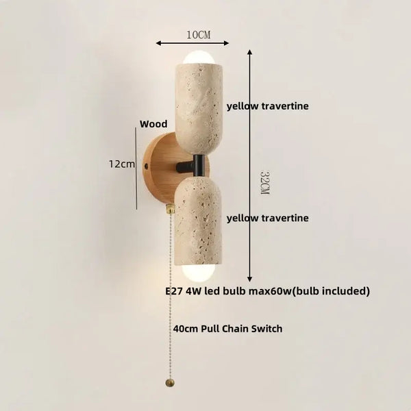 Modern Travertine and Wood Wall Light with Pull Chain – Nordic Style LED Fixture dimensions and features diagram.