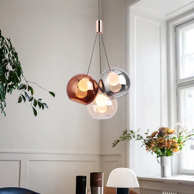 Triple Glass Globe Pendant Light with Rose Gold Accents