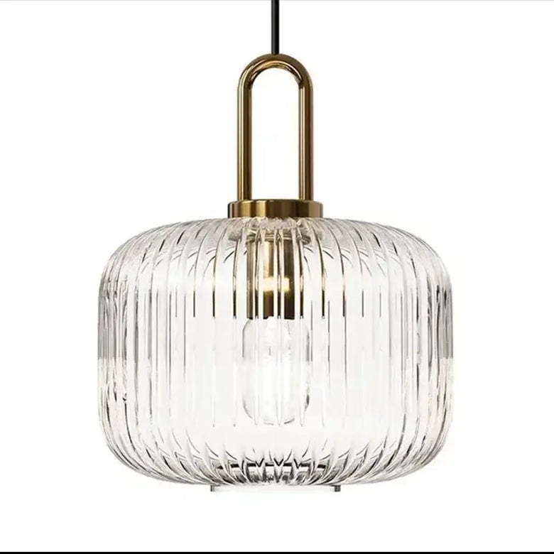 Pendant Light: Modern Nordic Glass Hanging Lighting Fixtures with striped glass and gold accents.