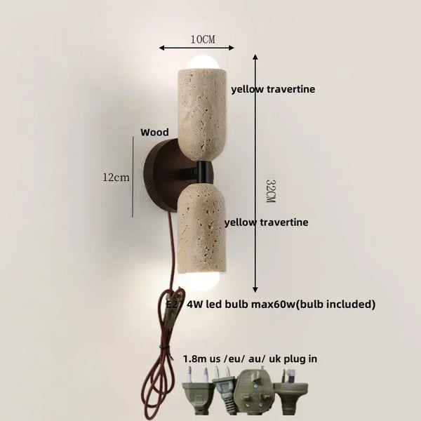 Modern Travertine and Wood Wall Light with Pull Chain – Nordic Style LED Fixture with yellow travertine and wood design.