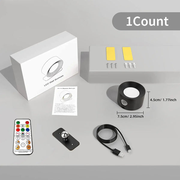 Rechargeable Bedside Wall Lamp with remote control, adhesive mounts, and LED wall light specifications.