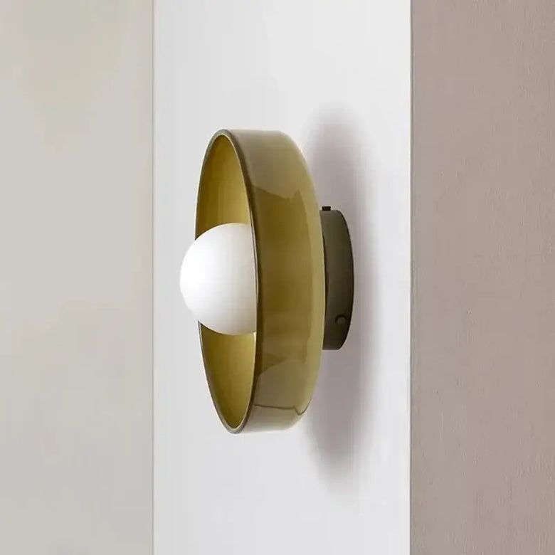 Retro Glass Disc Ceiling Light – Colourful Nordic Flush Mount Fixture for Hallways and Bedrooms in stylish olive green