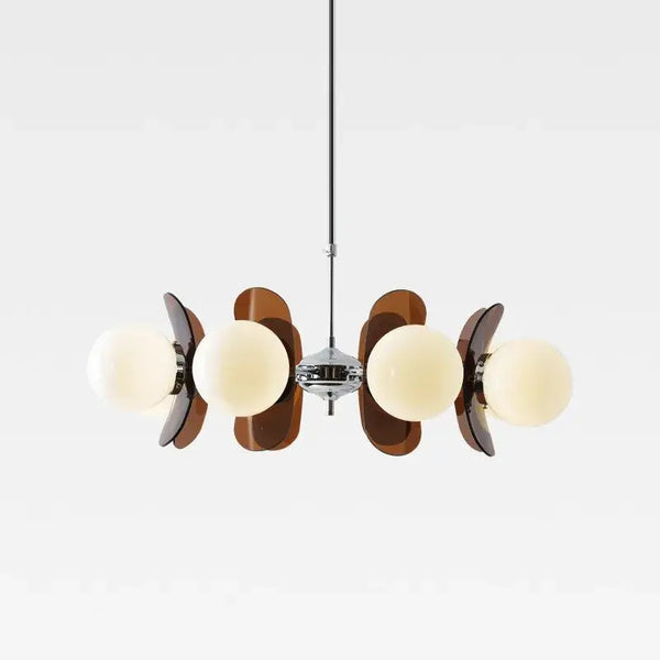 Rare Mid-Century Orange Plexiglass Chandelier: A Unique Vintage Gem featuring oval orange reflectors and frosted glass balls.