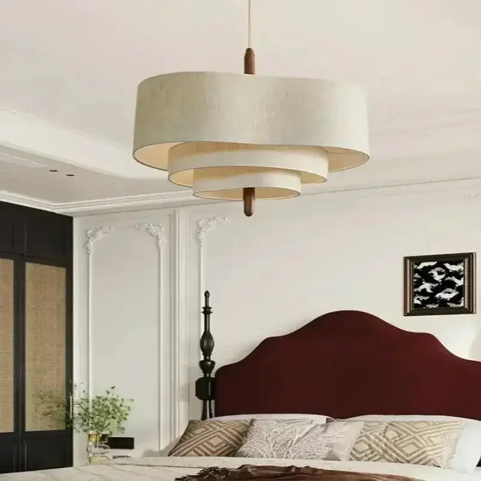 Elegant Linen Fabric Chandelier in a modern bedroom, featuring soft lighting and stylish design.