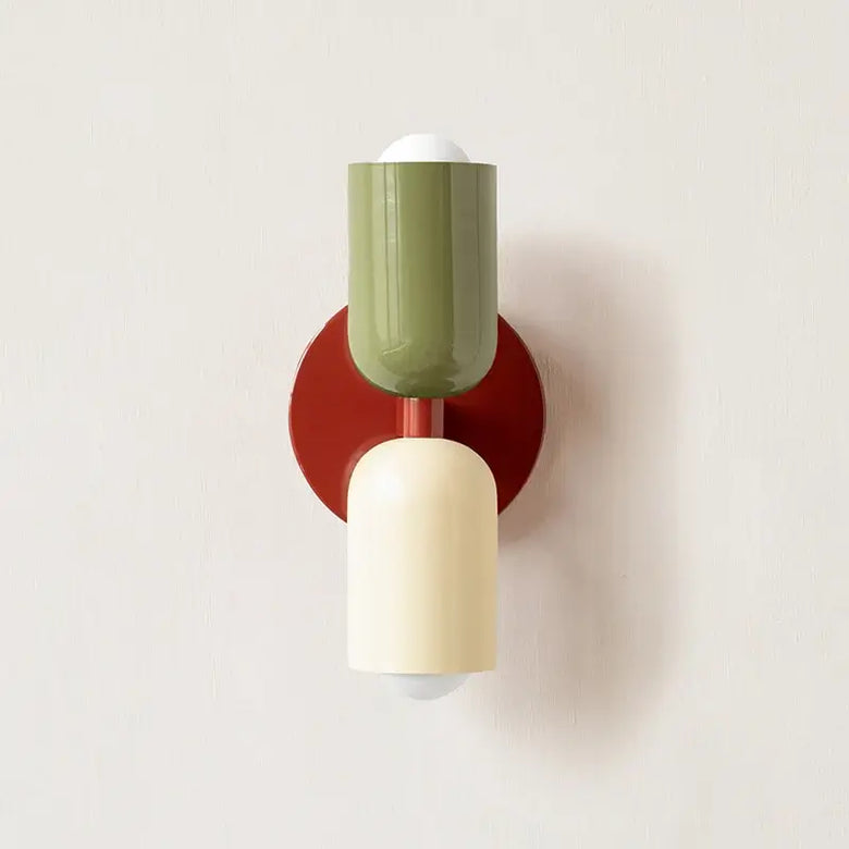 Classic Midcentury Modern Wall Lamp (10x25cm) with green and cream shades on a red base.