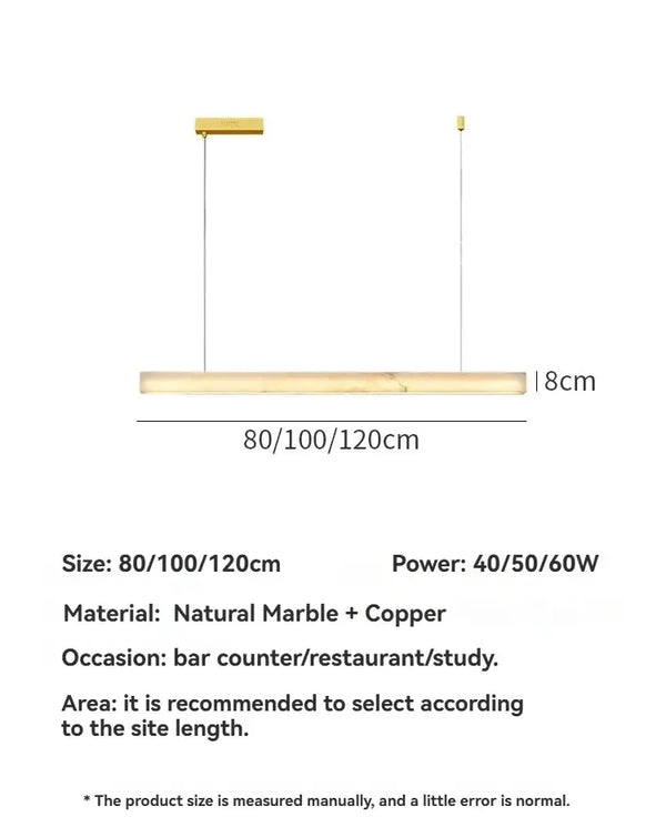 Natural Marble Linear Pendant Light 80–120cm with copper accents, ideal for bar counters and dining areas.