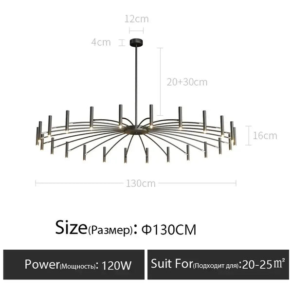 Modern Starburst LED Chandelier – 24-Light Sculptural Ceiling Statement dimensions with size and power specifications.