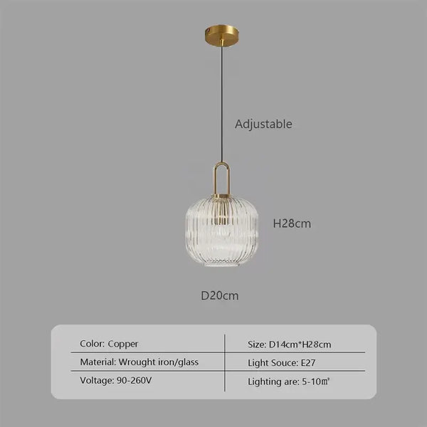 Pendant Light: Modern Nordic Glass Hanging Lighting Fixtures with adjustable copper design and striped glass shade.