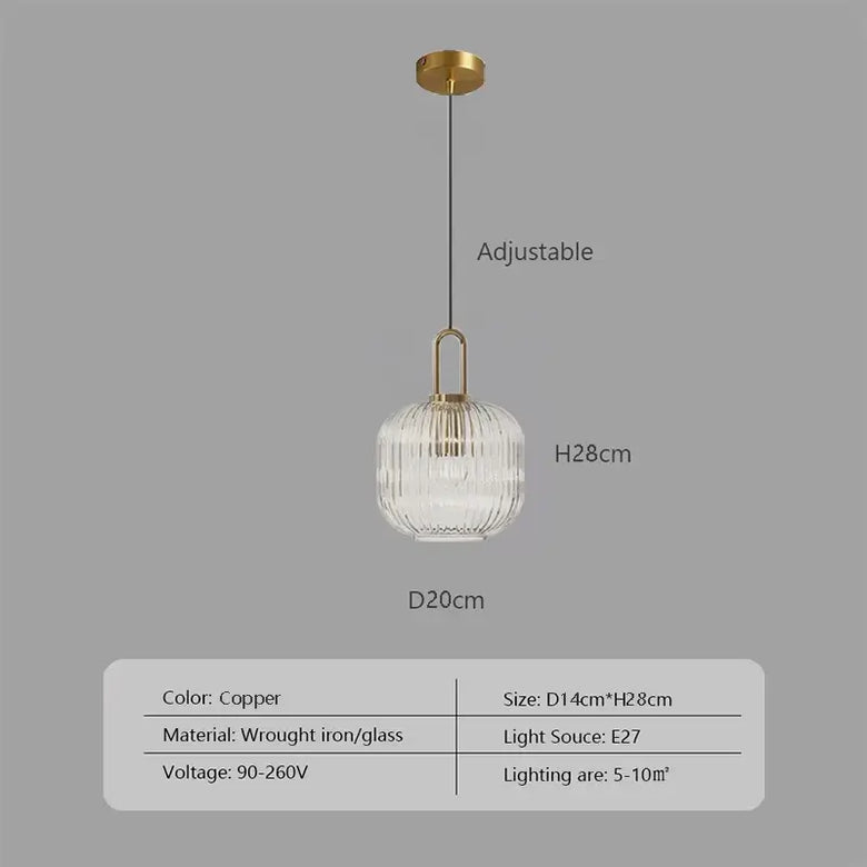 Pendant Light: Modern Nordic Glass Hanging Lighting Fixtures with adjustable copper design and striped glass shade.