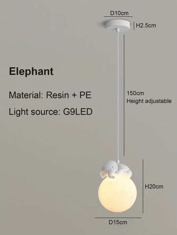Elephant pendant lamp made of resin and PE, featuring adjustable height and G9 LED light source.