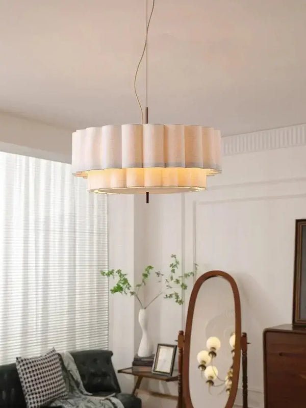 Wabi-Sabi Fabric Pendant Light – D45cm to D65cm hanging in a modern living room with natural light.