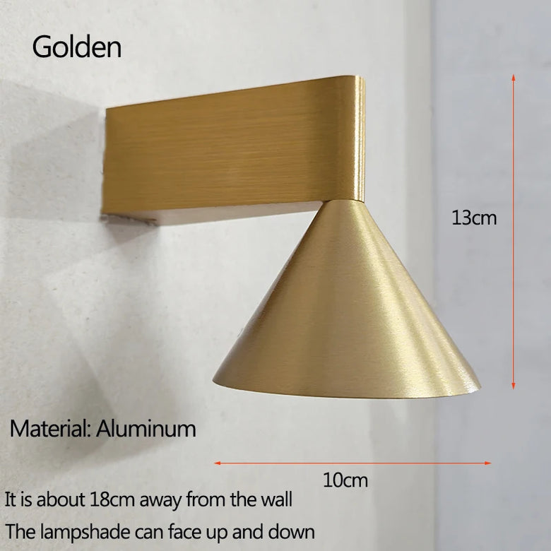 Gold wall-mounted lamp with dimensions and material information on a white background
