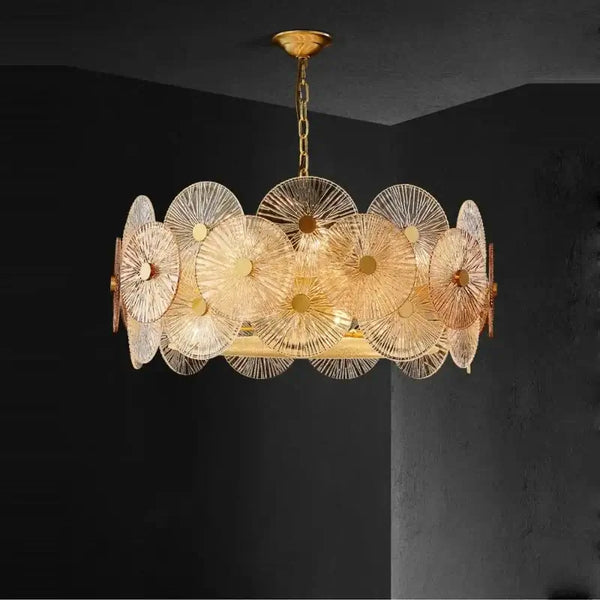 Retro 50s Glass & Iron Chandelier Gold Frame