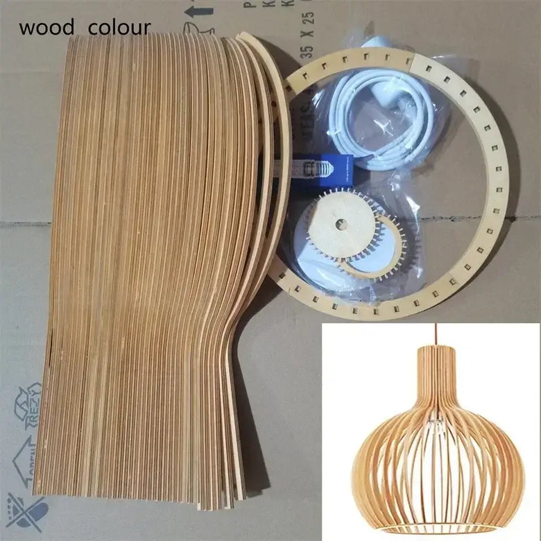 Nordic Retro Modern Wood Cage Pendant components including wood pieces and frame for unique lighting design.