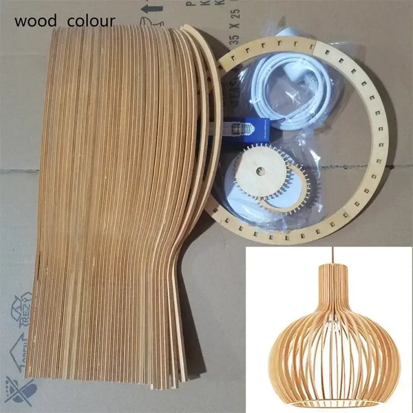 Nordic Retro Modern Wood Cage Pendant components including wood pieces and frame for unique lighting design.