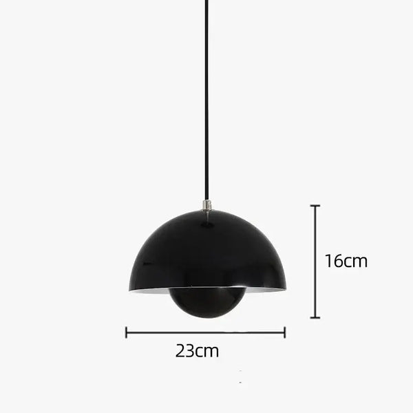 Contemporary Pendant Light in black, featuring a spherical design with dimensions 23cm width and 16cm height.