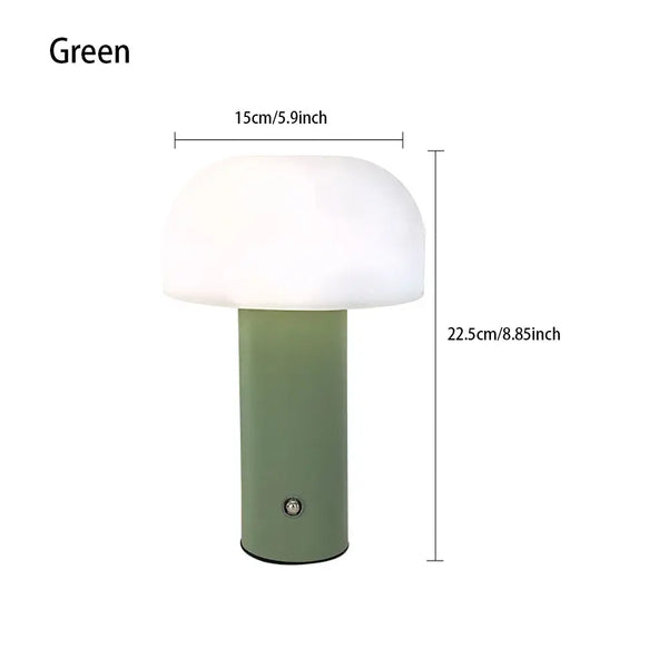 Rechargeable LED Mushroom Table Lamp – Touch Dimmable, Nordic Minimalist Design in green with dimensions shown.