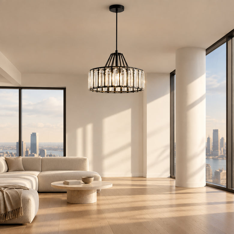 Modern chandelier hanging above a dining table with a cityscape view through large windows.