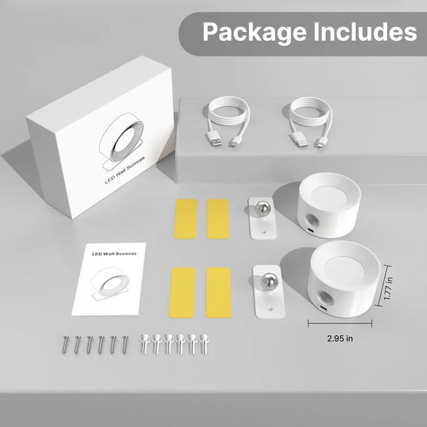 Rechargeable Bedside Wall Lamp package contents including USB cables, adhesive pads, instruction manual, and LED light.