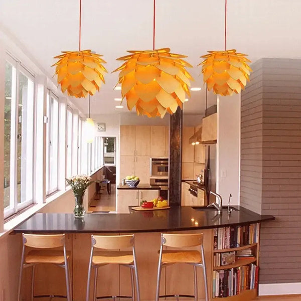 Wooden Pinecone Pendant Light - Nordic Art Inspired Home Lighting in a stylish kitchen setting.