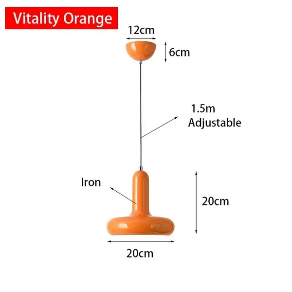 60s Scandinavian Style Kitchen Pendant Lamp showcasing orange design dimensions and adjustable feature.