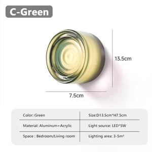 Green aluminum and acrylic LED light for bedroom or living room, size D13.5cm x H7.5cm, creating a 3-5m² lighting area.