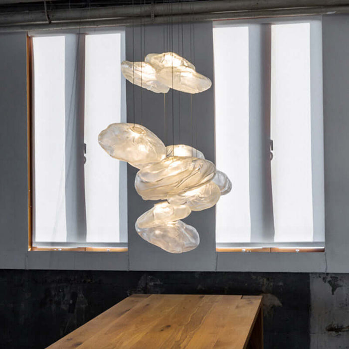 Nordic Cloud Glass Pendant Light – Smoky Grey Designer LED Chandelier hanging in a modern interior with soft illumination.