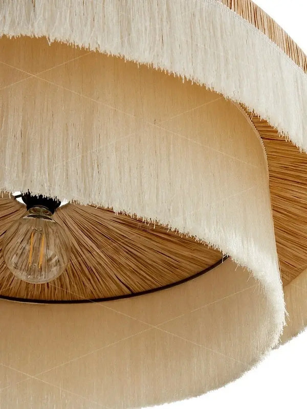 French Retro Grand Fringe Pendant Light – 80cm Vintage Beige Statement Chandelier with layered fringe design.